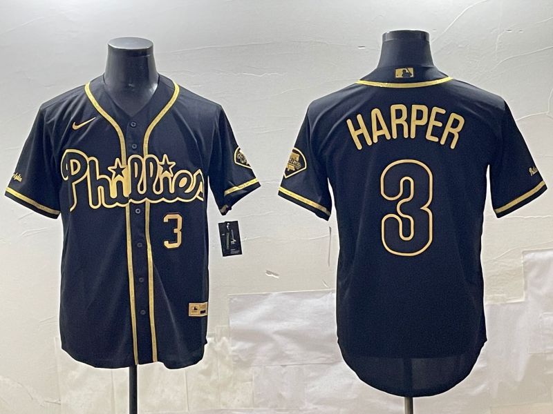 Men Philadelphia Phillies #3 Harper Black Gold Game 2025 Nike MLB Jersey style 2